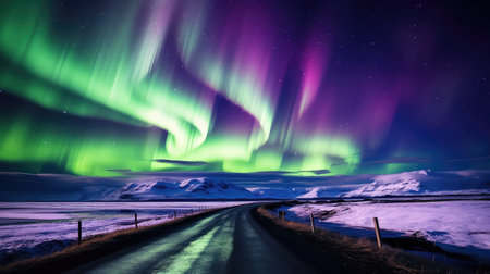 borealis northern lights with roadの素材