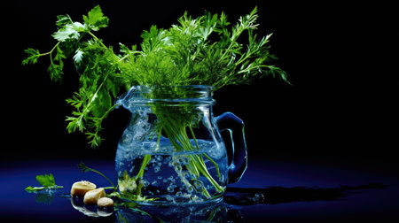 dill fresh herbs on dark blueの素材