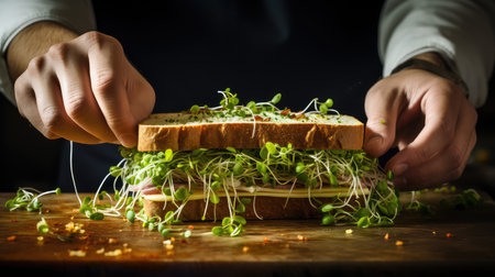 sndwich broccoli sprouts A chefs hands are featured in theの素材