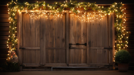 garland christmas lights wood backgroundの素材