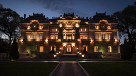 facade house with lights on at nightの素材