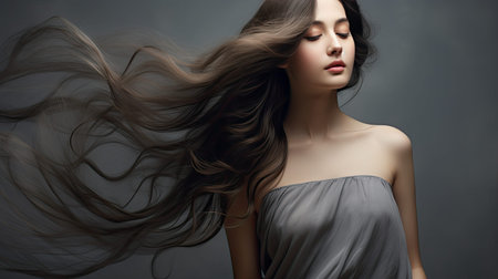 content beautiful woman grey backgroundの素材