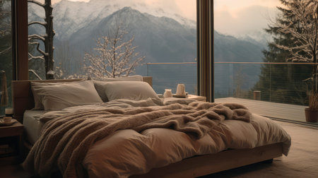 bedroom blurred mountain house interiorの素材