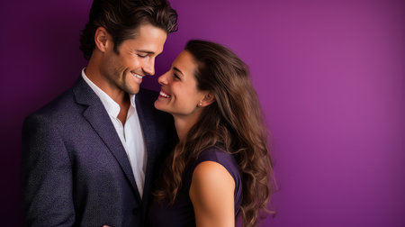 couple smiling purple backgroundの素材