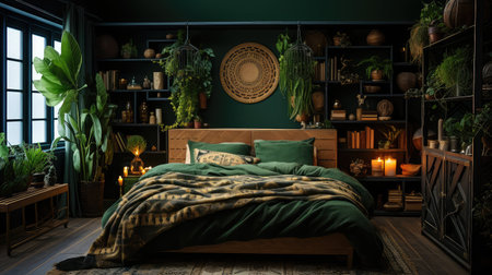 bohemian dark green bedroomの素材