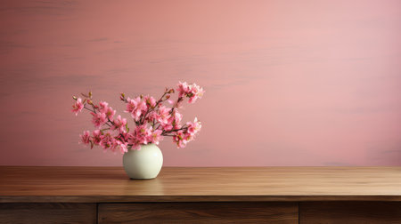 wooden desk with pink flowersの素材