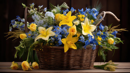 wicker blue and yellow bouquet flowers imagesの素材