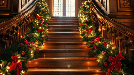 staircase christmas garland with lightsの素材