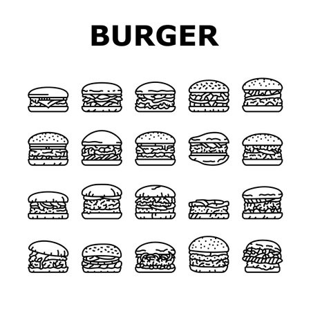 burger food hamburger bun icons set vectorのイラスト素材