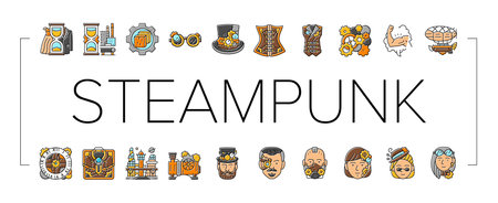 steampunk vintage metal steam icons set vectorのイラスト素材