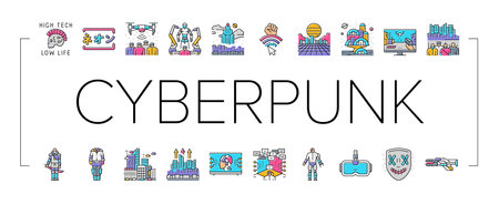 cyberpunk digital city future icons set vectorのイラスト素材