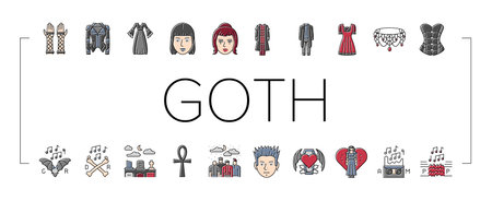 goth subculture punk gothic y2k icons set vectorのイラスト素材