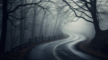 eerie fog on roadの素材