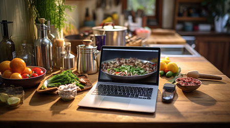cluttered laptop on kitchen tableの素材