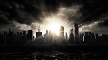 cityscape sun illustration black and whiteの素材
