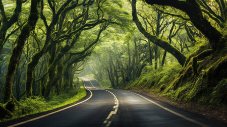 forest trees over roadの素材