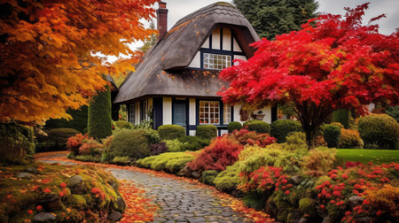 thatched house with treesの素材