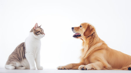 retriever dog and cat on white backgroundの素材