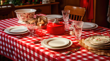 dining red and white checkered table clothの素材