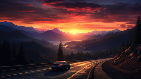 car mountain road sunsetの素材