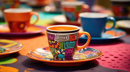 colorful coffee cup on tableの素材