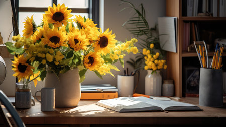 vibrant flowers on deskの素材