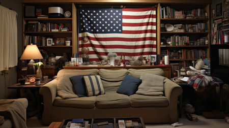 cozy family house american flagの素材