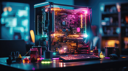 futuristic computer on office deskの素材