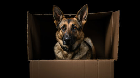 serious dog in box black backgroundの素材