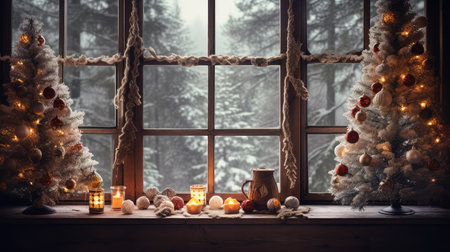 wooden christmas tree in windowの素材