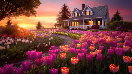 tulips house spring flowersの素材