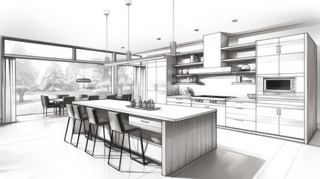 sleek kitchen line drawingの素材