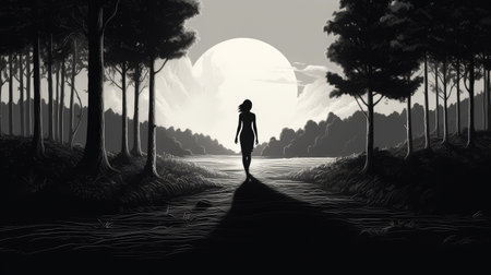 woman sun illustration black and whiteの素材