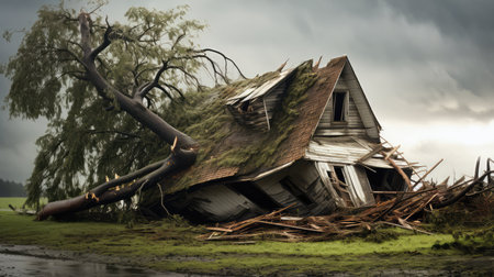 damage tree fallen on roofの素材