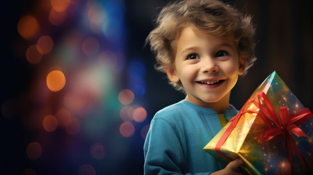 surprise child holding giftの素材