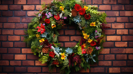 colorful wreath on brick wallの素材
