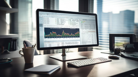 crisp computer screen on deskの素材