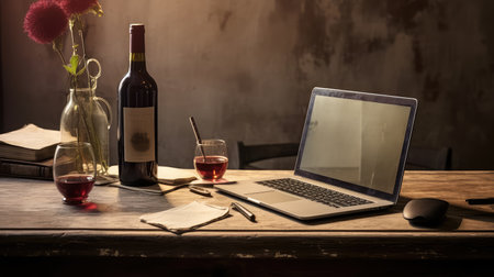 wooden desk laptop wineの素材