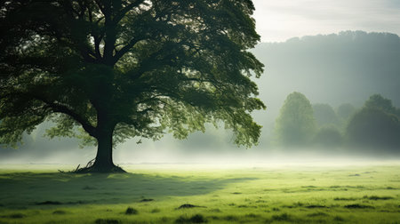 mist meadow morning green landscapeの写真素材