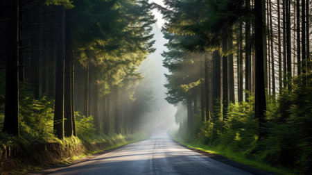 morning wooded roadの素材