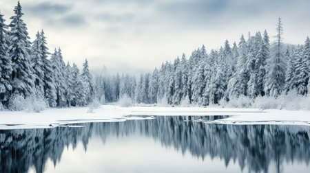 lake snow landscape pine treesの素材