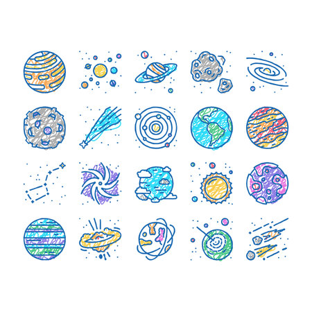Galaxy System Space set Icons hand drawn