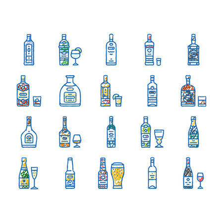 alcohol bottle glass drink bar icons hand drawnのイラスト素材