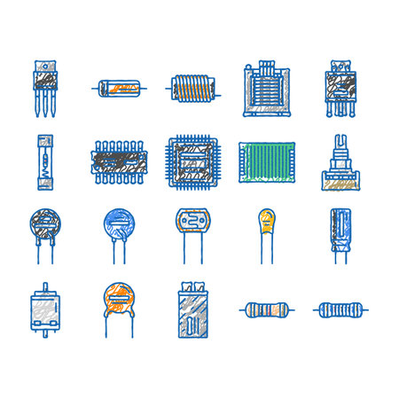 electronic component circuit chip icons hand drawnのイラスト素材