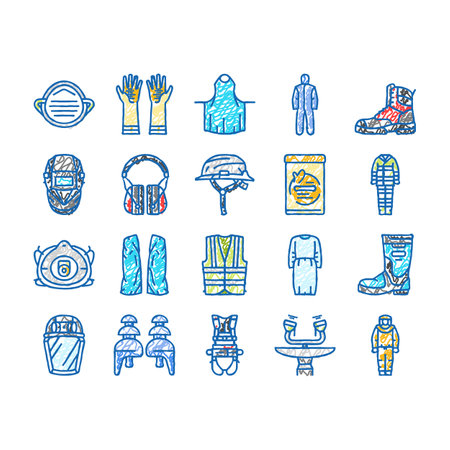 ppe protective safety kit icons hand drawnのイラスト素材