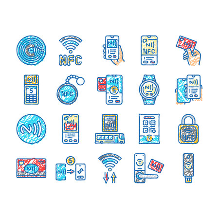 nfc technology contactless icons hand drawnのイラスト素材