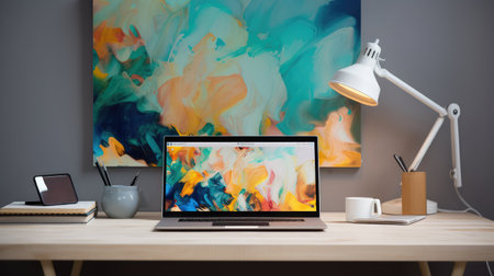 workspace laptop open on deskの素材