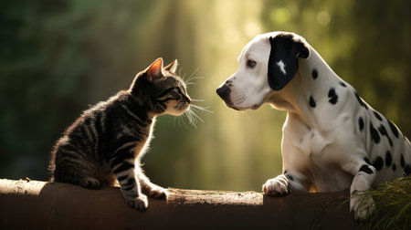 playful black and white cat and dogの素材