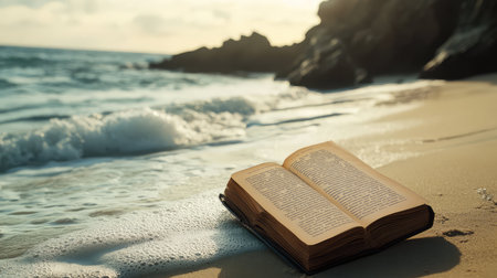 realistic book on beachの素材