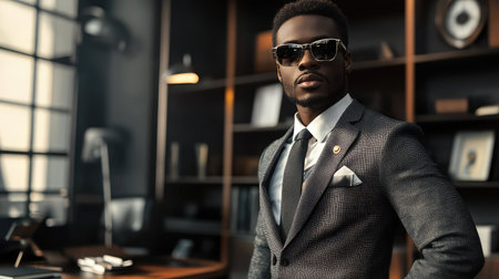 realistic black man in officeの素材